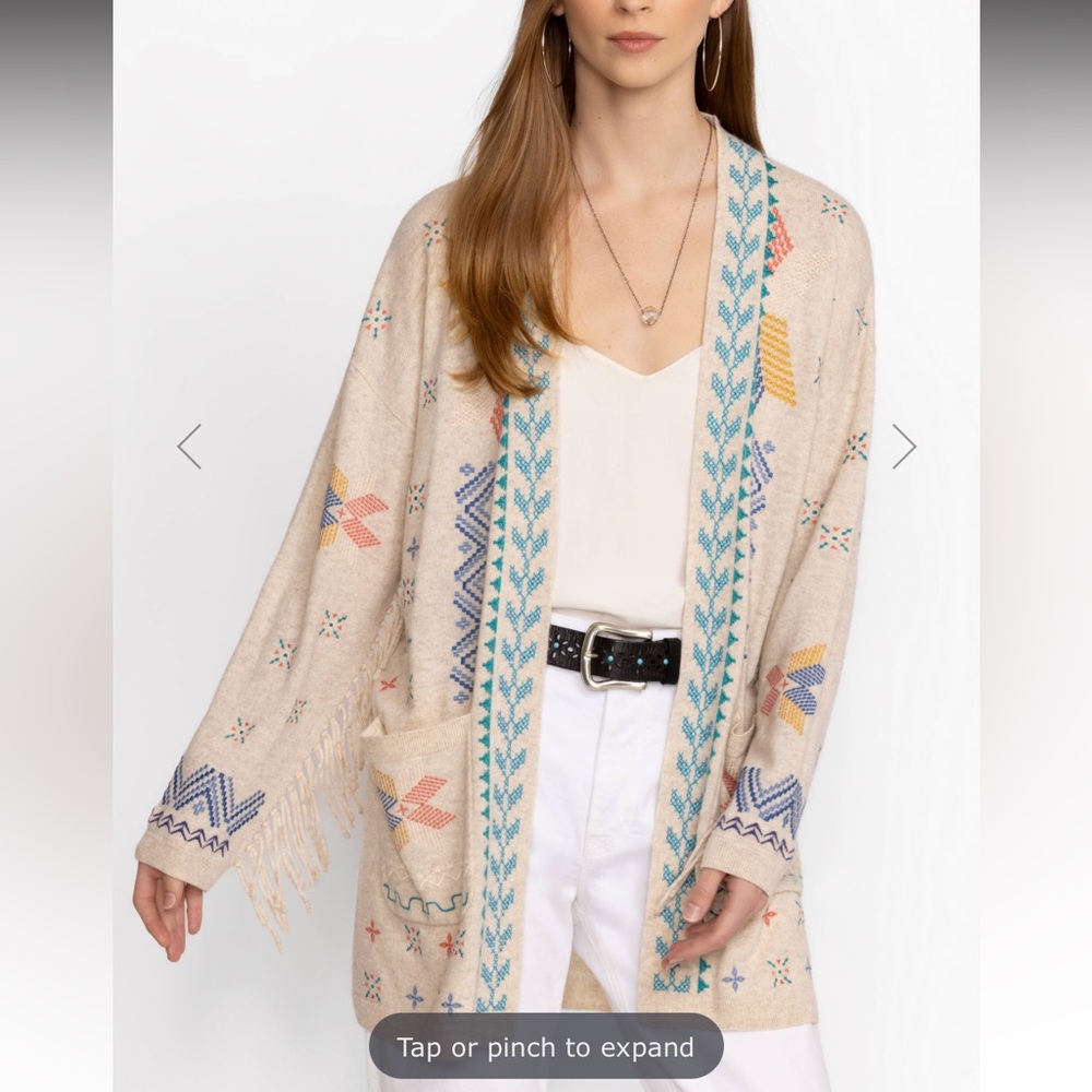 Johnny Was Beige Katie long open Cardigan with Teal Embroidery